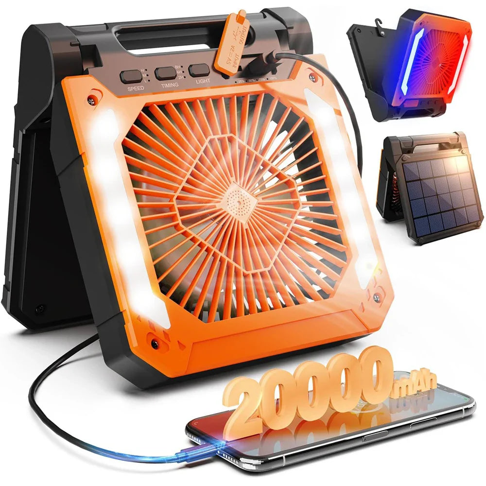 20000mAh Tragbarer Elektrischer Ventilator mit LED Licht — USB, Solar & Auto-Ladung für Camping | Karnz