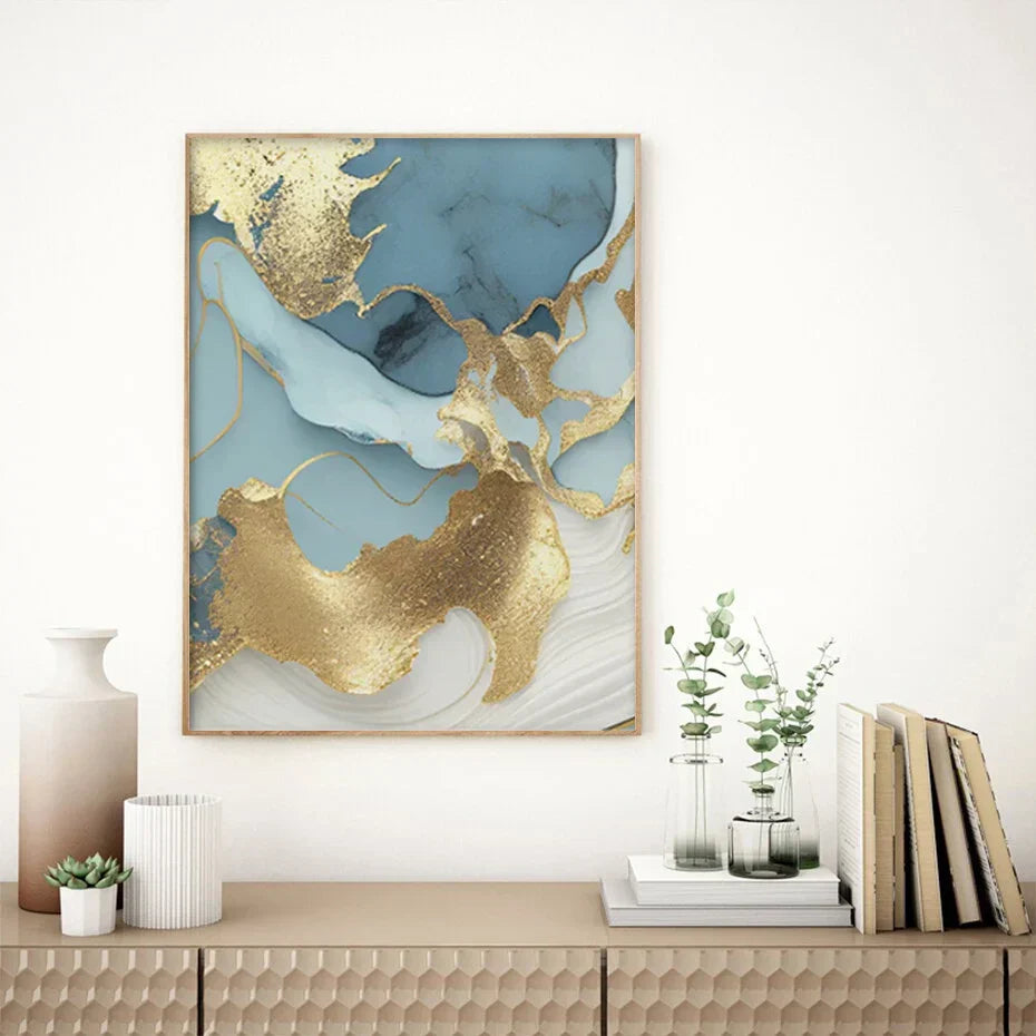 Modern Abstract Golden Blue Liquid Marble Print Wandkunst Fine Art Leinwanddrucke Bilder für Wohnzimmer Schlafzimmer Nordische Wohnkultur | Karnz