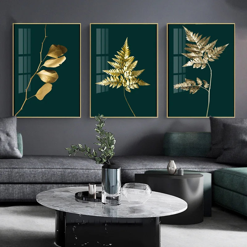 Abstrakte tropische Botanik goldene Blätter Wandkunst Feine Kunst Leinwanddrucke Bilder für Wohnzimmer Esszimmer Licht Luxus Wohnkultur | Karnz