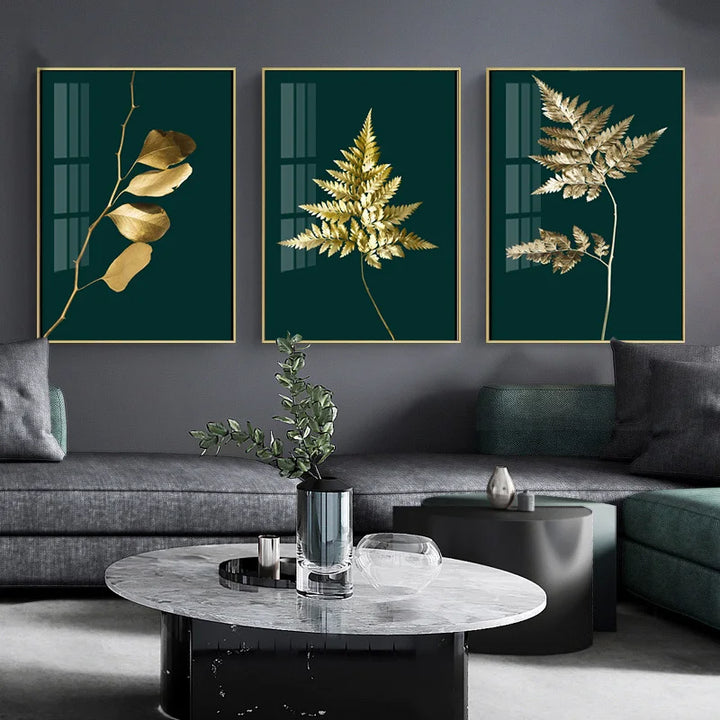 Abstrakte tropische Botanik goldene Blätter Wandkunst Feine Kunst Leinwanddrucke Bilder für Wohnzimmer Esszimmer Licht Luxus Wohnkultur | Karnz