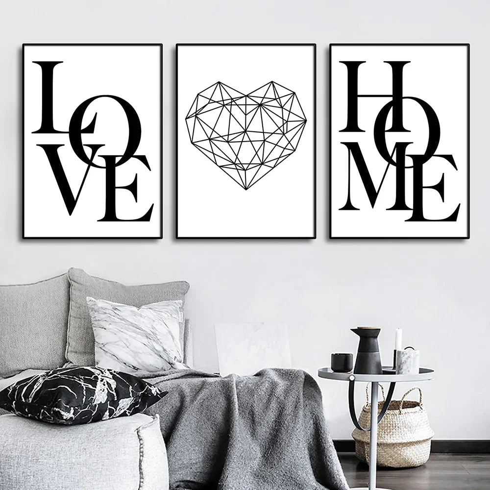 Set aus 3 Stück Geometrische Liebe Zuhause Herz Wandkunst Feine Kunst Leinwanddrucke Schwarz Weiß Minimalistische Poster Bilder Für Wohnzimmer Schlafzimmer Kunst Dekor | Karnz