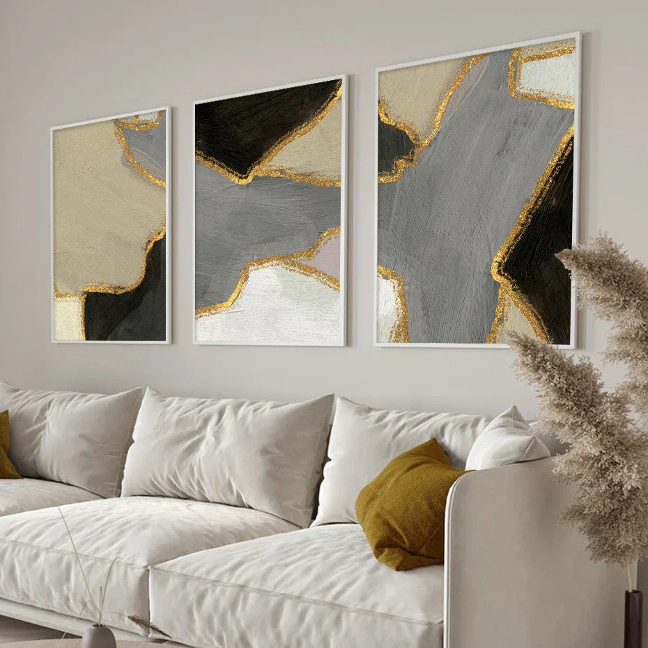 Abstrakte Blockfarbe Wandkunst Schwarz Grau Beige Golden Fine Art Leinwanddrucke Bilder Für Modernes Apartment Wohnzimmer Zeitgenössische Wohnkultur | Karnz