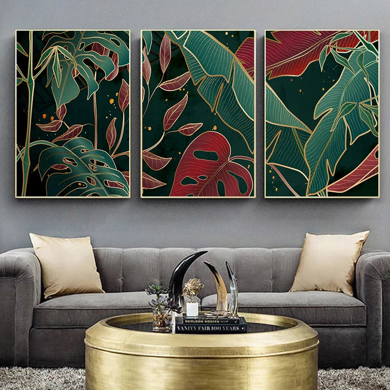 Moderne abstrakte tropische Botanik Wandkunst Fine Art Leinwanddrucke Rote grüne Palmenblätter Poster Bilder für Wohnzimmer Hotelzimmer Dekoration | Karnz