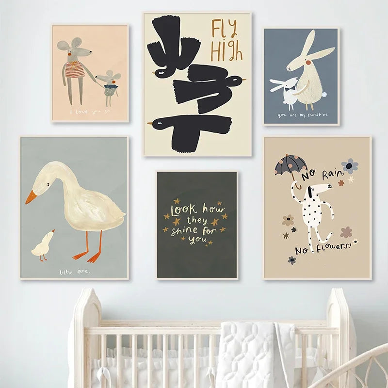 Niedliche Baby Tiere Kinderzimmer Wandkunst Illustrationen Fine Art Leinwanddrucke Gänse Maus Löwe Eisbär Poster Bilder für das Kinderzimmer Wanddekoration | Karnz