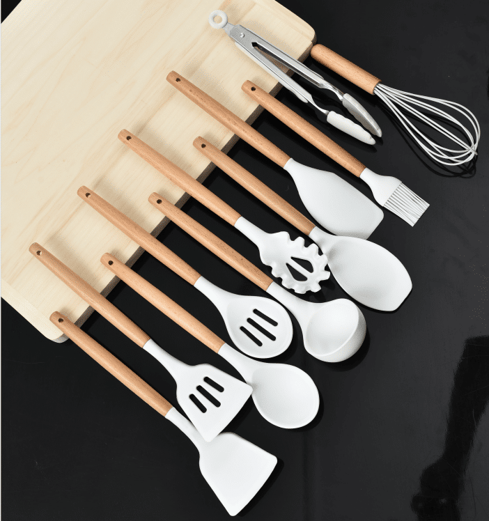 Küchenset mit 11 Teilen in Holz / Silikon inkl. Halter (schwarz oder weiß) | Karnz
