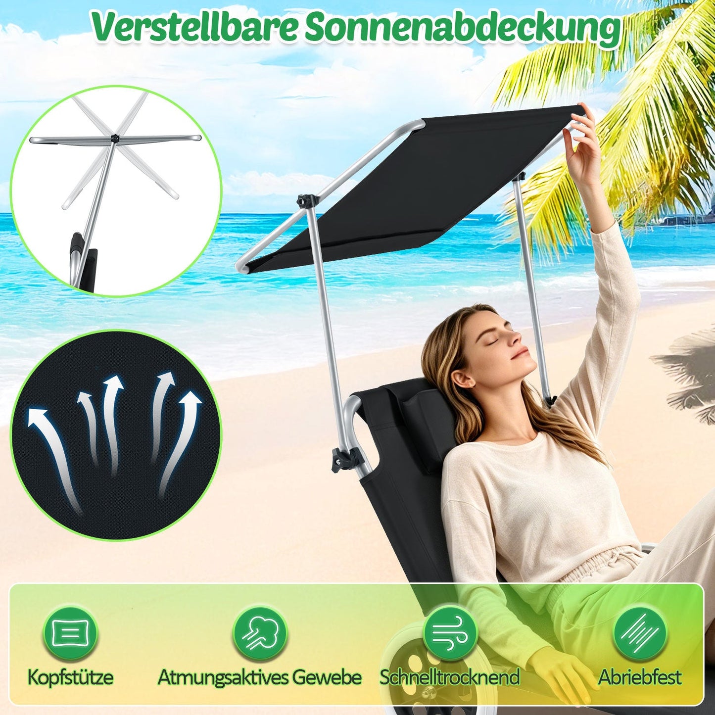Sonnenliege mit Rollen und Sonnendach klappbare Gartenliege | Karnz