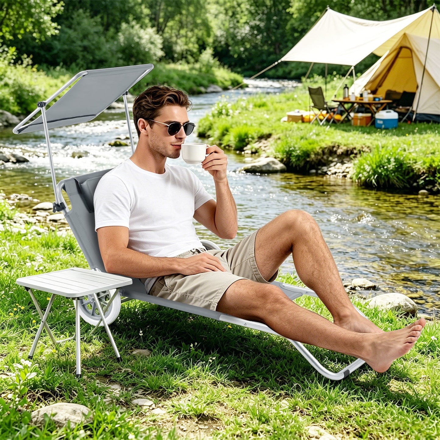 Sonnenliege mit Rollen und Sonnendach klappbare Gartenliege | Karnz