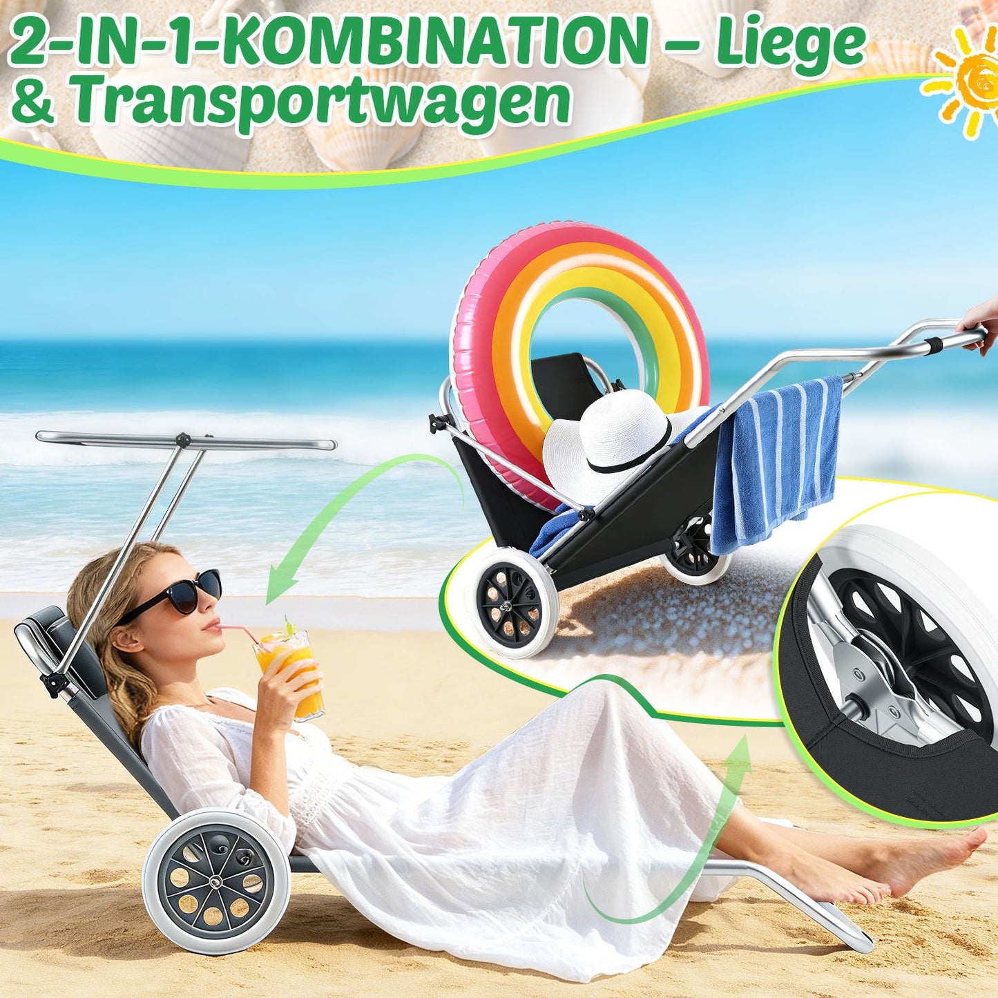 Sonnenliege mit Rollen und Sonnendach klappbare Gartenliege | Karnz