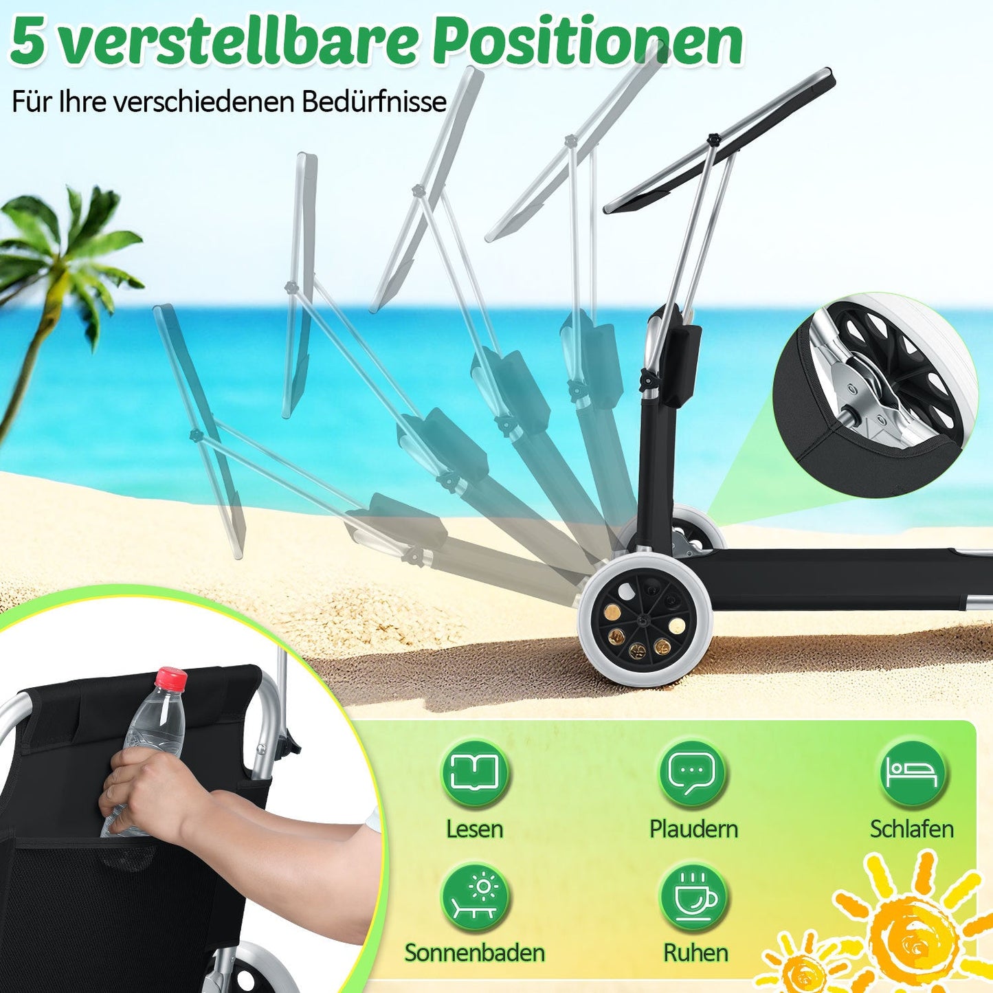 Sonnenliege mit Rollen und Sonnendach klappbare Gartenliege | Karnz