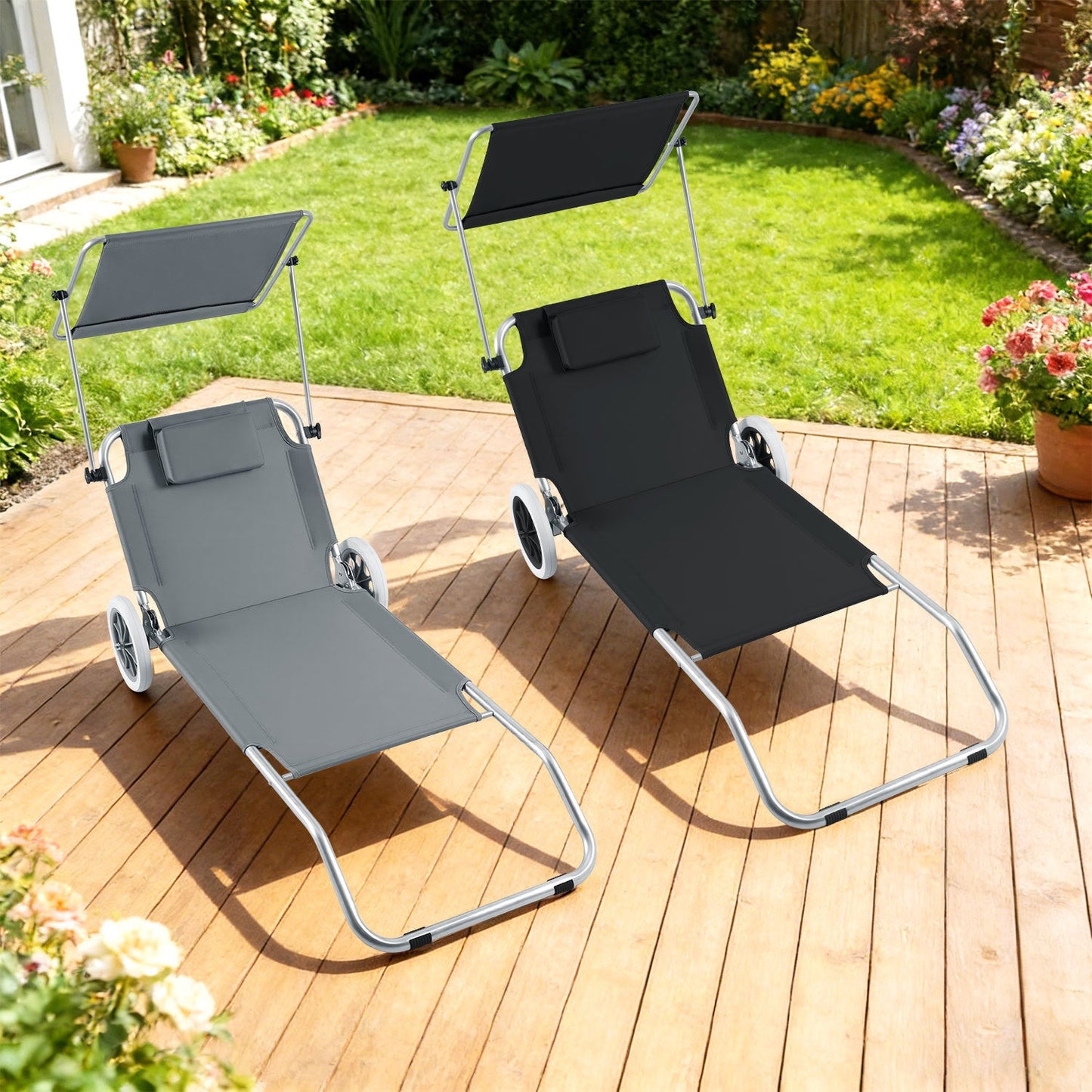 Sonnenliege mit Rollen und Sonnendach klappbare Gartenliege | Karnz