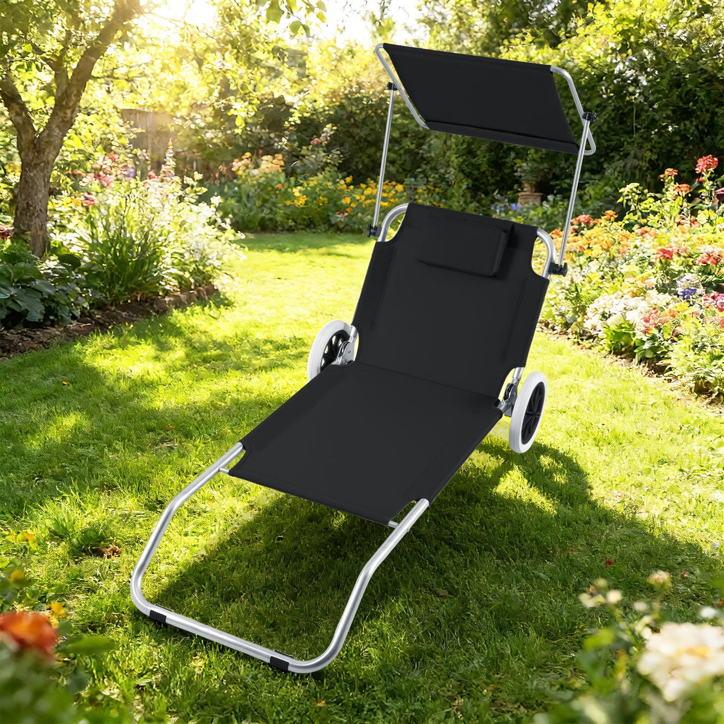 Sonnenliege mit Rollen und Sonnendach klappbare Gartenliege | Karnz