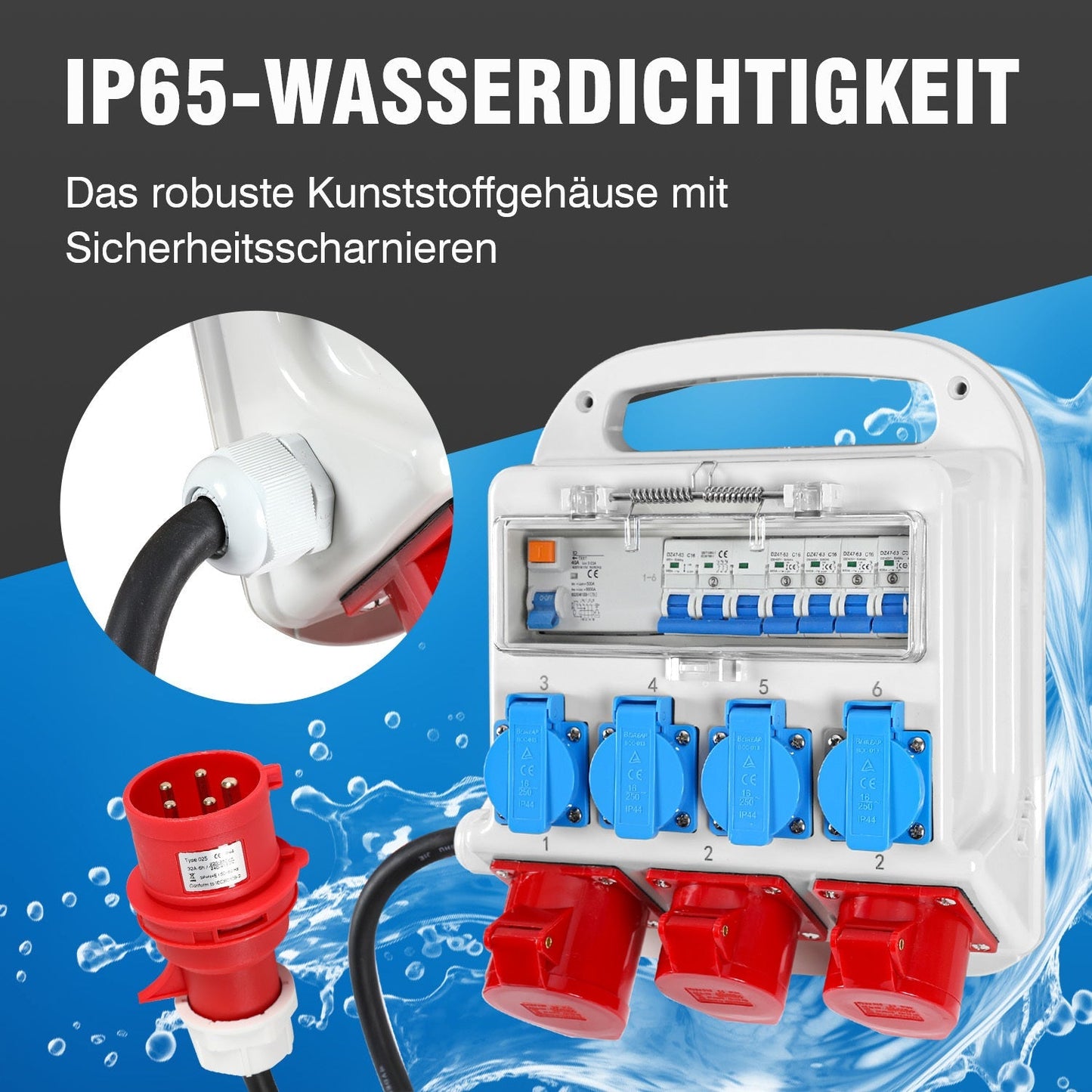 Stromverteiler FI-Schutzschalter 2 x CEE 400V/16A+4 x 230V Schuko 5 polig | Karnz