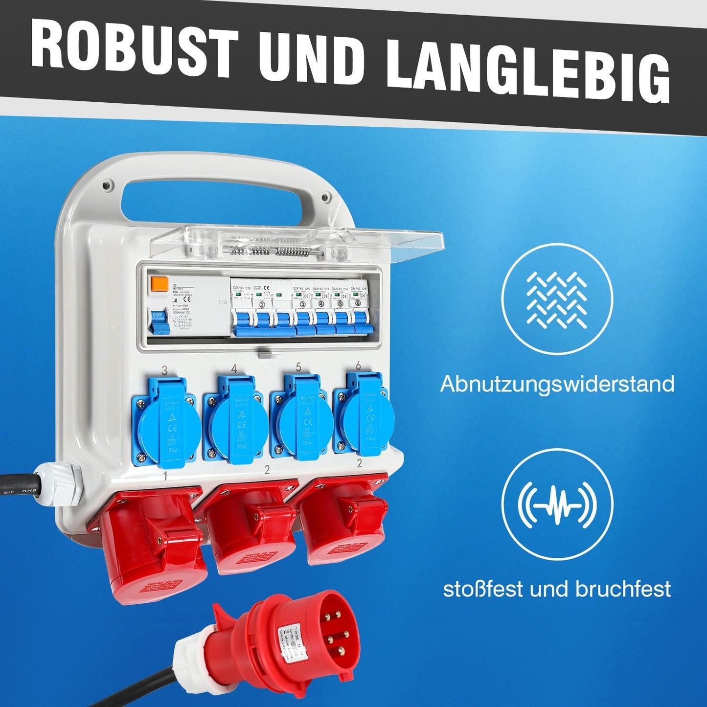 Stromverteiler FI-Schutzschalter 2 x CEE 400V/16A+4 x 230V Schuko 5 polig | Karnz