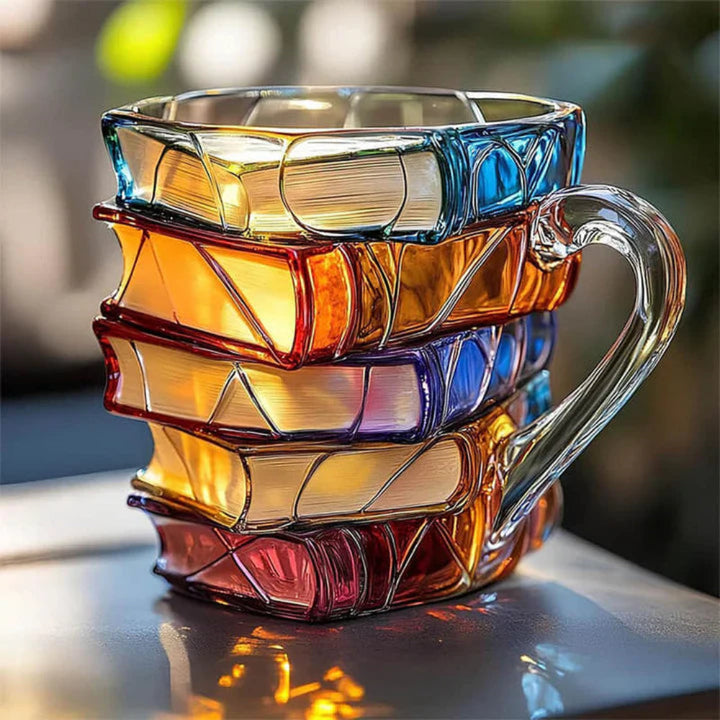 Karnz | Glas-Kaffeetasse 350 ml mit dreidimensionalem Buchmuster – Handgefertigt, hochwertiges Glas