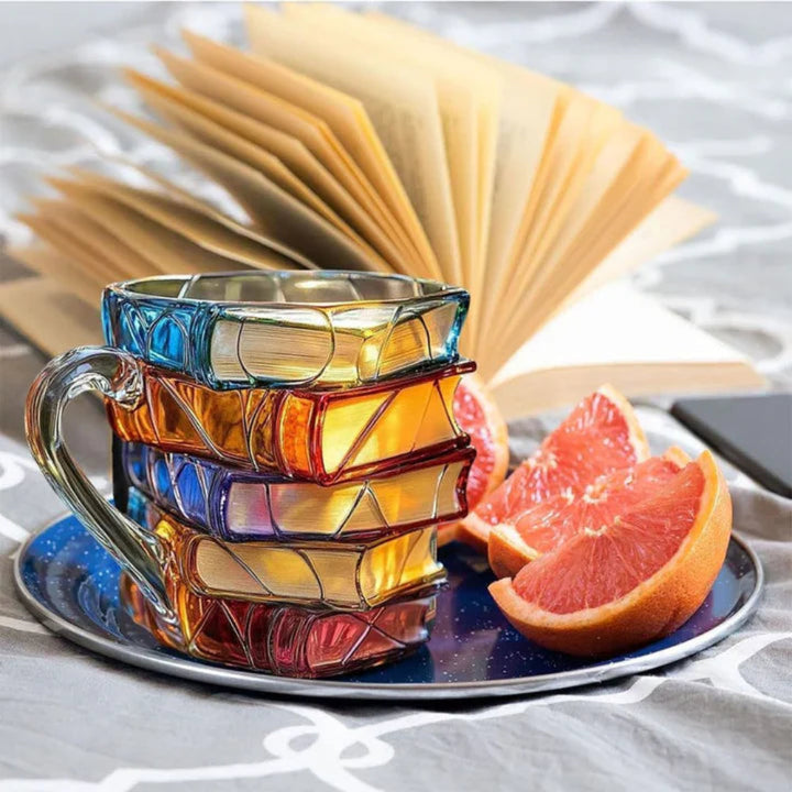 Karnz | Glas-Kaffeetasse 350 ml mit dreidimensionalem Buchmuster – Handgefertigt, hochwertiges Glas
