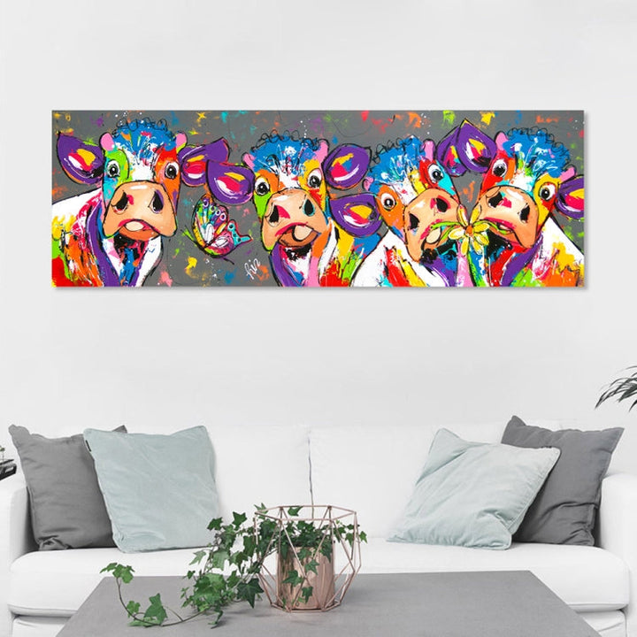 Karnz | Bunte Kühe Wohnkultur Leinwandmalerei HD Druckerrahmenloses Gemälde Kern, Größe: 40×120cm