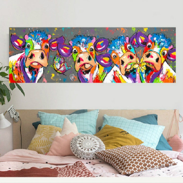 Karnz | Bunte Kühe Wohnkultur Leinwandmalerei HD Druckerrahmenloses Gemälde Kern, Größe: 40×120cm