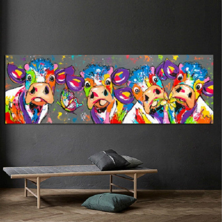 Karnz | Bunte Kühe Wohnkultur Leinwandmalerei HD Druckerrahmenloses Gemälde Kern, Größe: 40×120cm