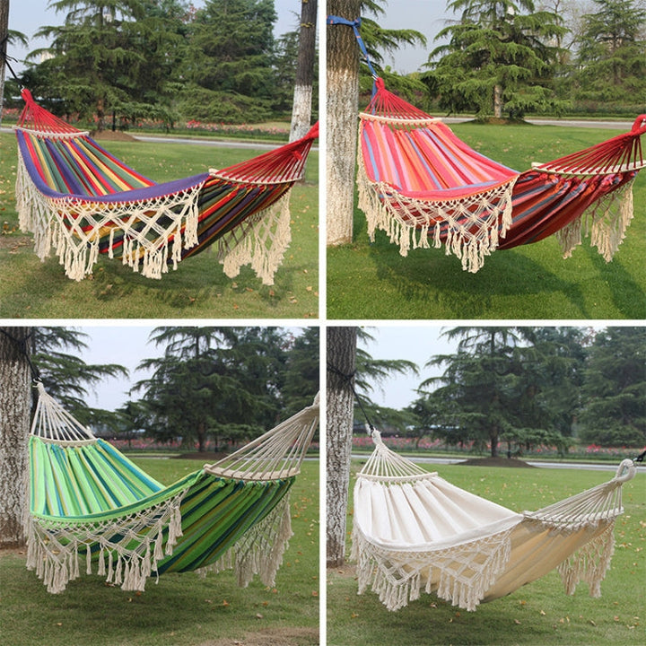200x150cm Doppelte Outdoor-Camping-Hängematte aus Canvas mit Quasten und Stange (Rosa Streifen)