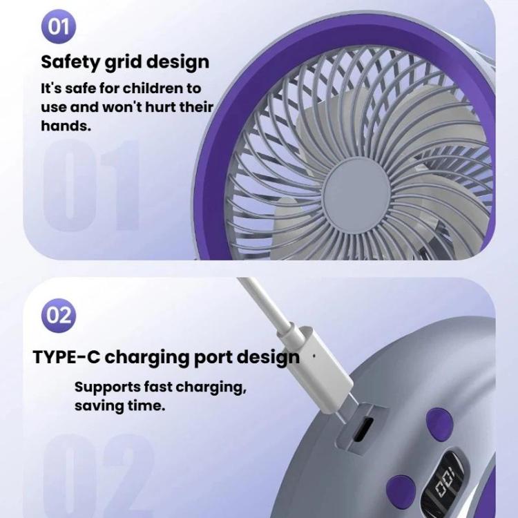 Faltbarer Luftzirkulatorventilator mit Batterieanzeige Haushalts-Desktop- und Wandventilator mit LED-Licht (Grau Lila) | Karnz