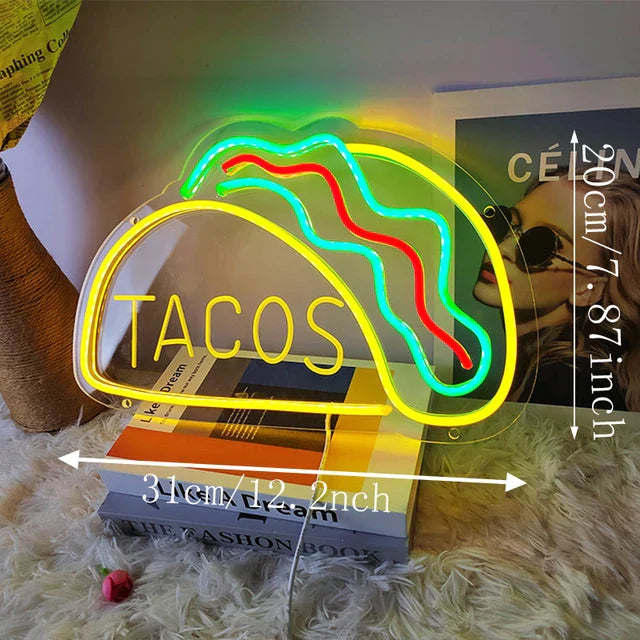 Neon Fast Food Schild – Leuchtendes Tacos Design, LED Nachtlicht für Restaurants und Küchen | Karnz
