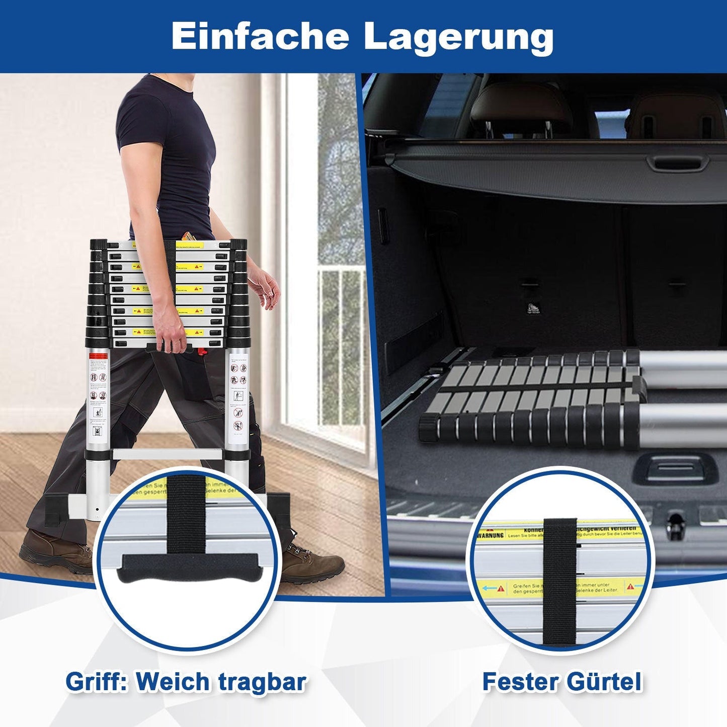 Teleskopleiter Aluminium Belastbarkeit bis zu 150kg 2.6m-5m mit Stabilisator | Karnz