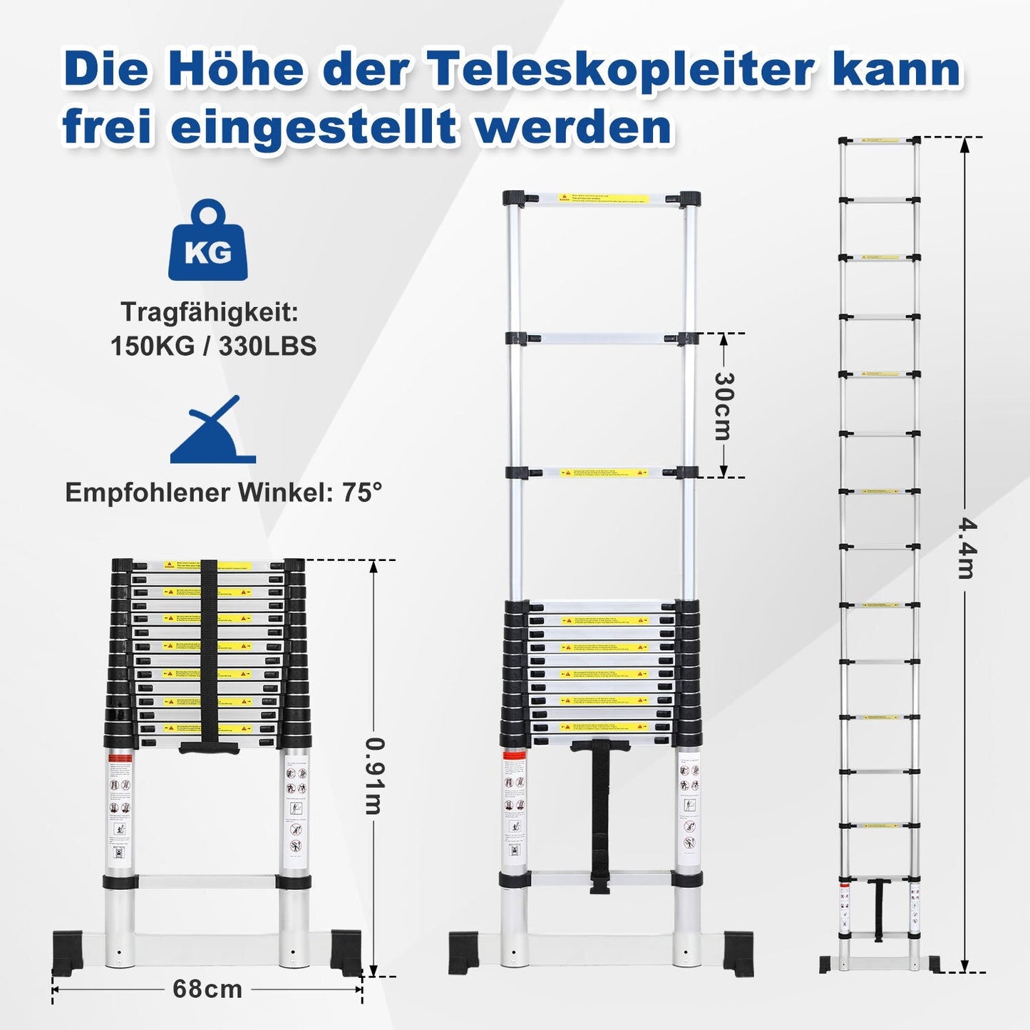 Teleskopleiter Aluminium Belastbarkeit bis zu 150kg 2.6m-5m mit Stabilisator | Karnz