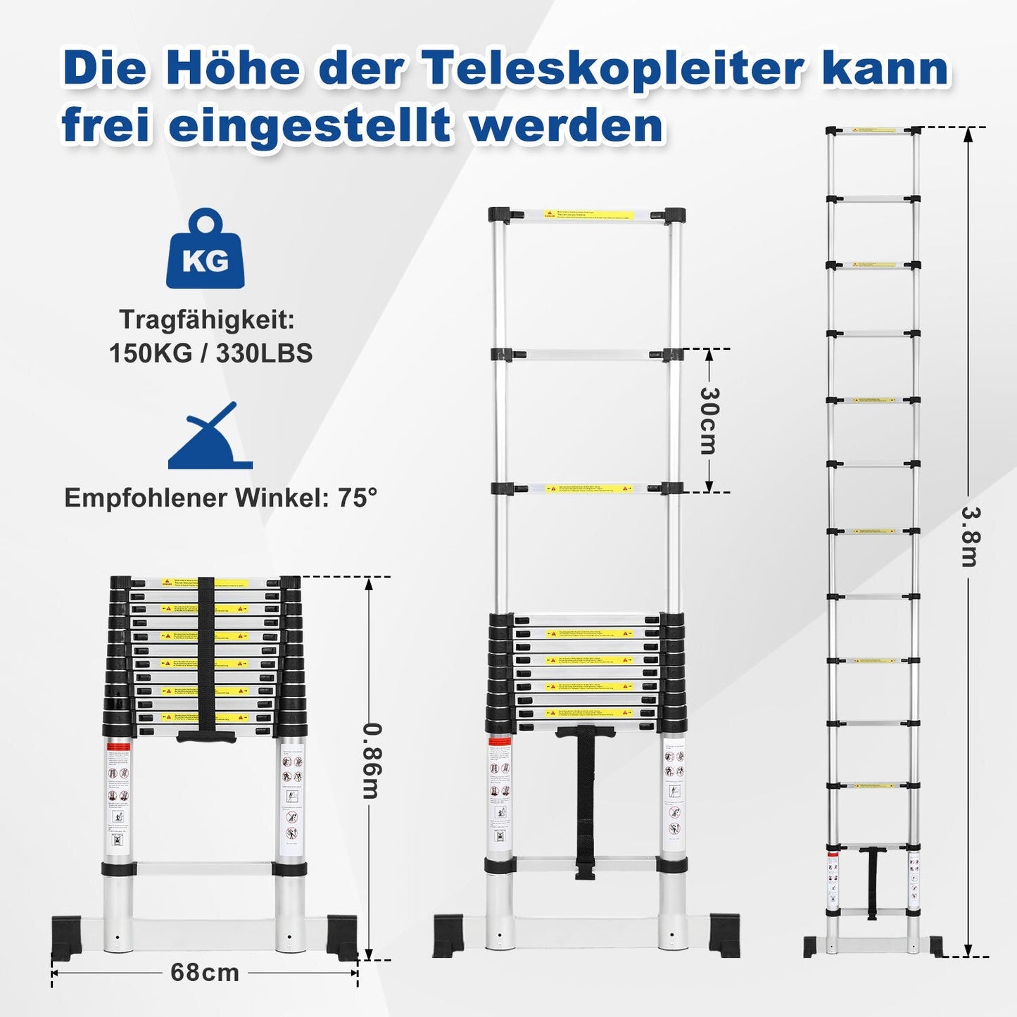 Teleskopleiter Aluminium Belastbarkeit bis zu 150kg 2.6m-5m mit Stabilisator | Karnz