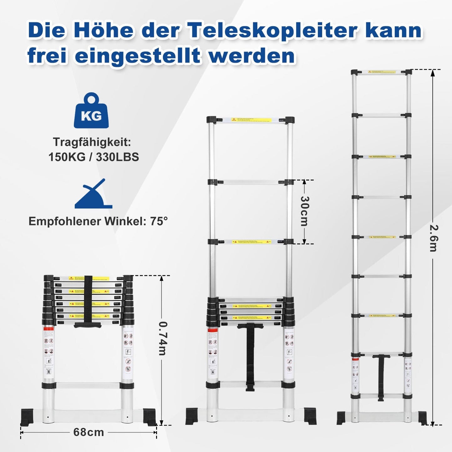 Teleskopleiter Aluminium Belastbarkeit bis zu 150kg 2.6m-5m mit Stabilisator | Karnz