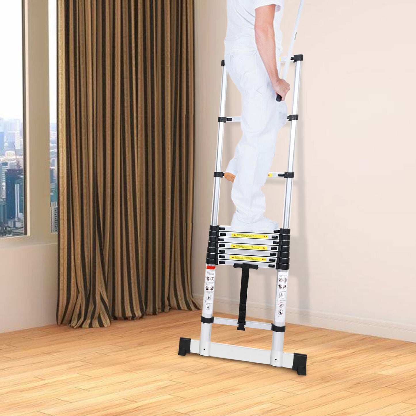 Teleskopleiter Aluminium Belastbarkeit bis zu 150kg 2.6m-5m mit Stabilisator | Karnz