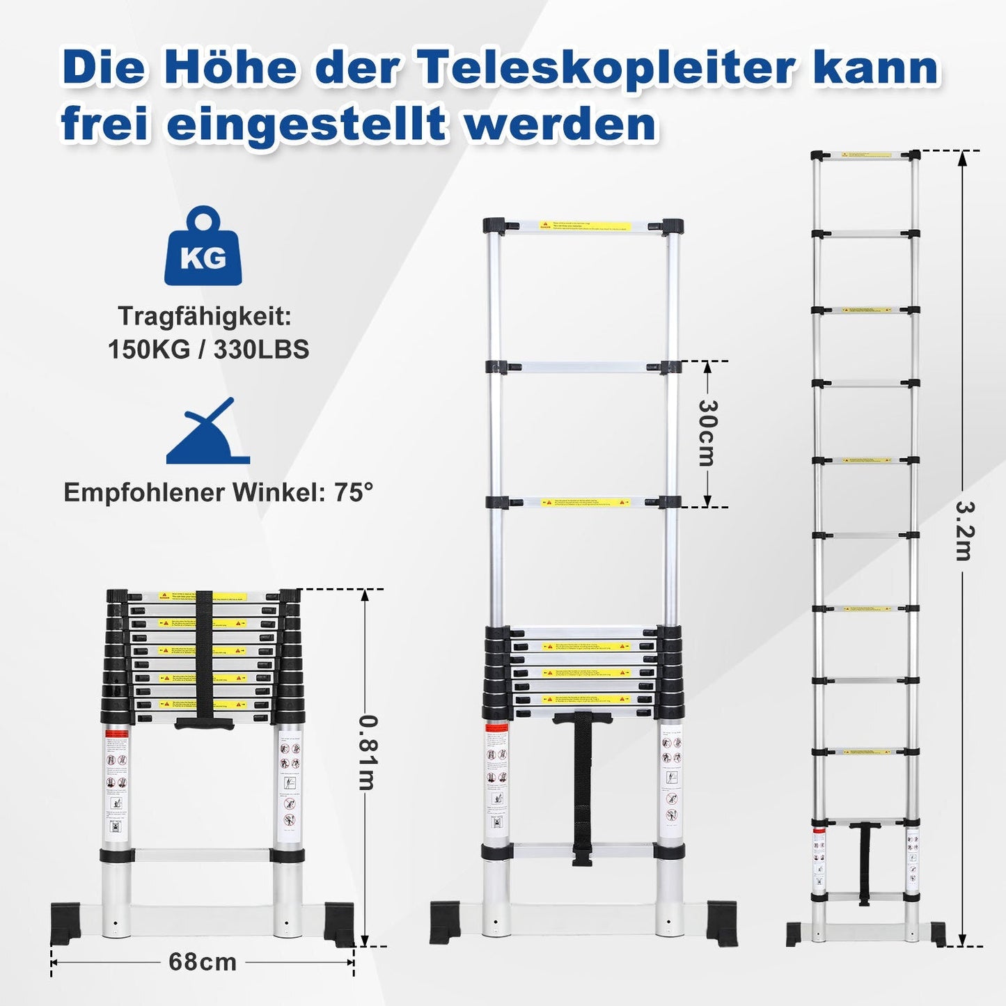 Teleskopleiter Aluminium Belastbarkeit bis zu 150kg 2.6m-5m mit Stabilisator | Karnz