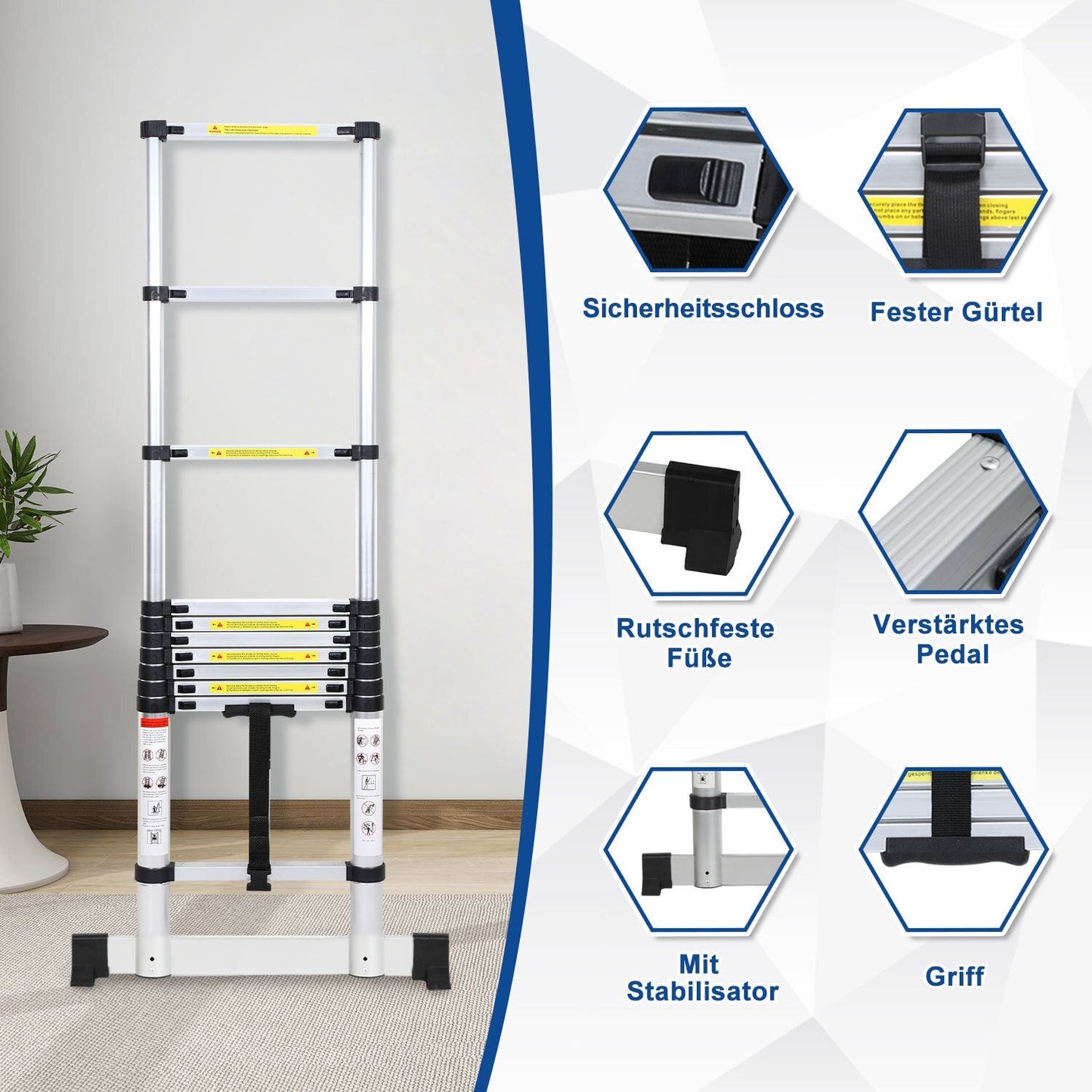 Teleskopleiter Aluminium Belastbarkeit bis zu 150kg 2.6m-5m mit Stabilisator | Karnz