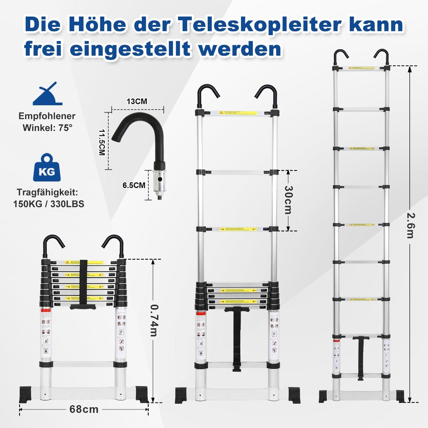 Teleskopleiter mit 2 Abnehmbarem Haken mit Stabilisator | Karnz