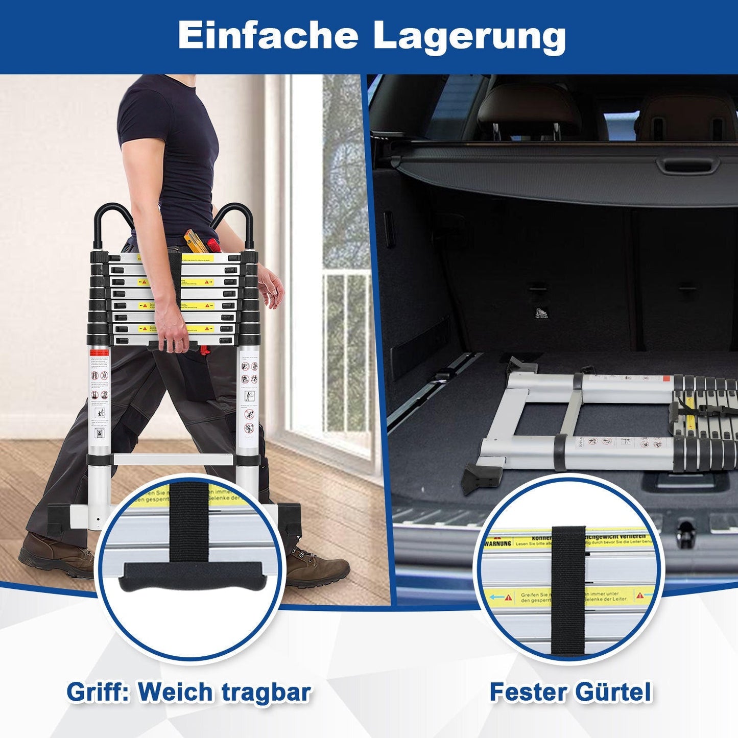 Teleskopleiter mit 2 Abnehmbarem Haken mit Stabilisator | Karnz