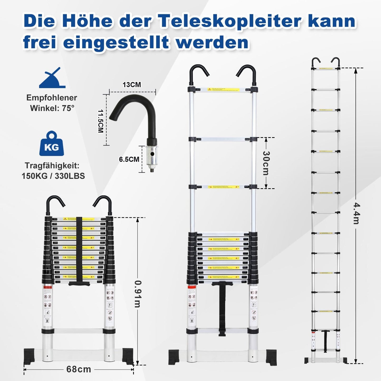 Teleskopleiter mit 2 Abnehmbarem Haken mit Stabilisator | Karnz