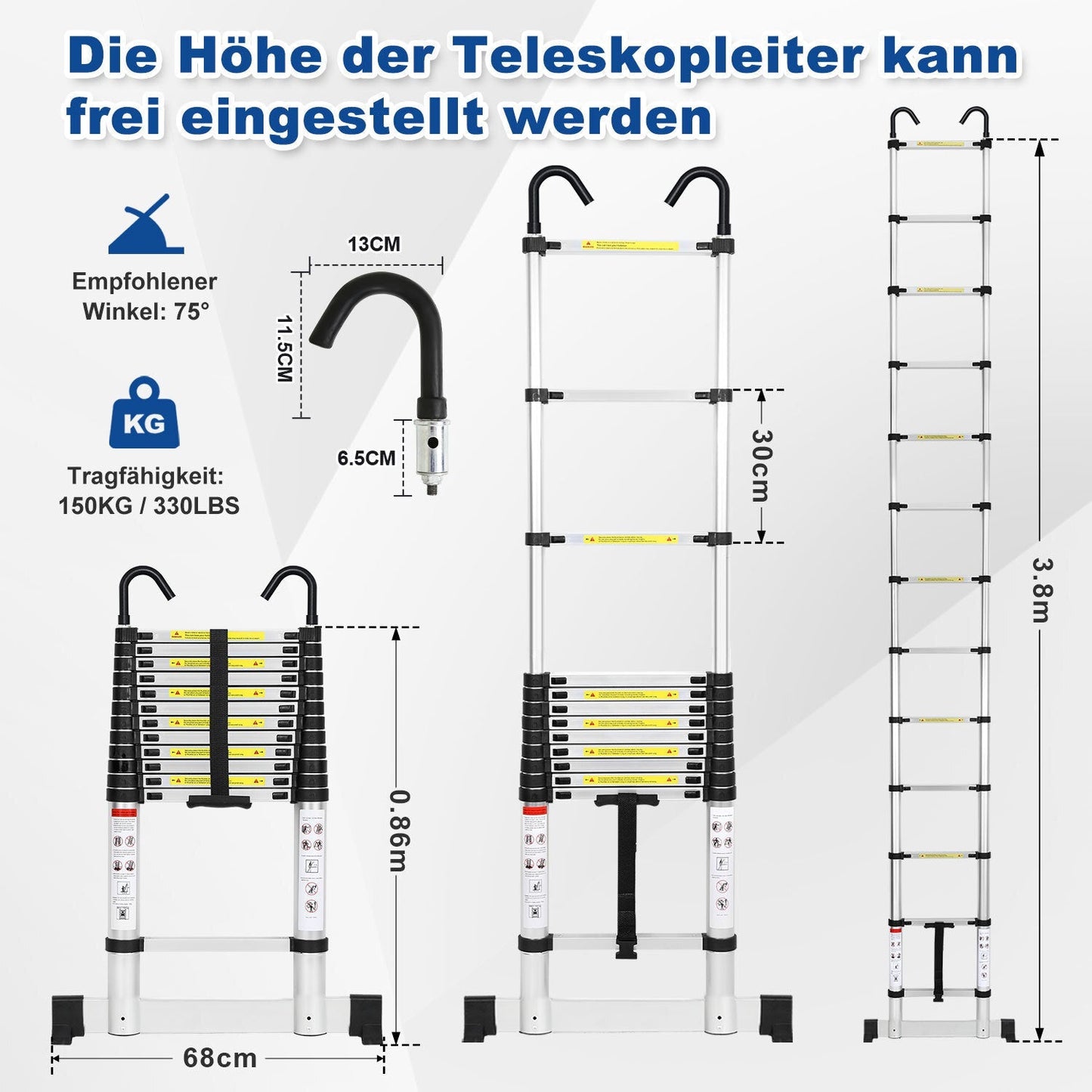 Teleskopleiter mit 2 Abnehmbarem Haken mit Stabilisator | Karnz