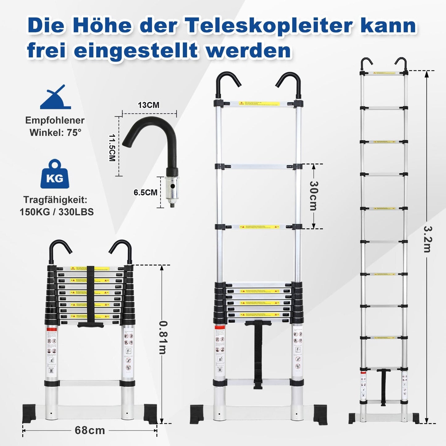 Teleskopleiter mit 2 Abnehmbarem Haken mit Stabilisator | Karnz