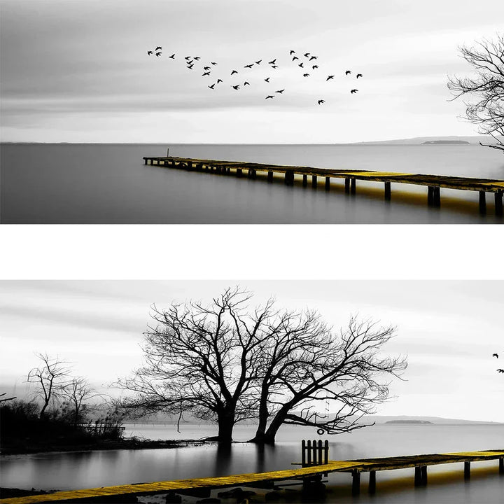Ruhiger See Pier Breitformat Landschaft Wandkunst Feine Leinwanddrucke Schwarz Weiß Bilder Von Ruhe Für Über Dem Sofa Bild Für Über Dem Bett