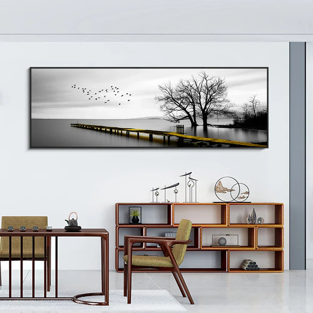 Ruhiger See Pier Breitformat Landschaft Wandkunst Feine Leinwanddrucke Schwarz Weiß Bilder Von Ruhe Für Über Dem Sofa Bild Für Über Dem Bett