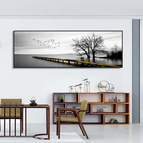 Ruhiger See Pier Breitformat Landschaft Wandkunst Feine Leinwanddrucke Schwarz Weiß Bilder Von Ruhe Für Über Dem Sofa Bild Für Über Dem Bett