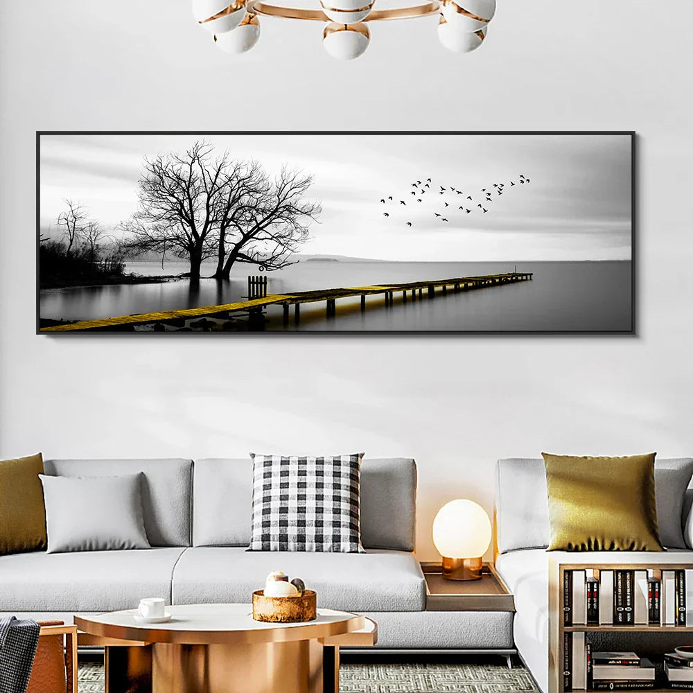 Ruhiger See Pier Breitformat Landschaft Wandkunst Feine Leinwanddrucke Schwarz Weiß Bilder Von Ruhe Für Über Dem Sofa Bild Für Über Dem Bett