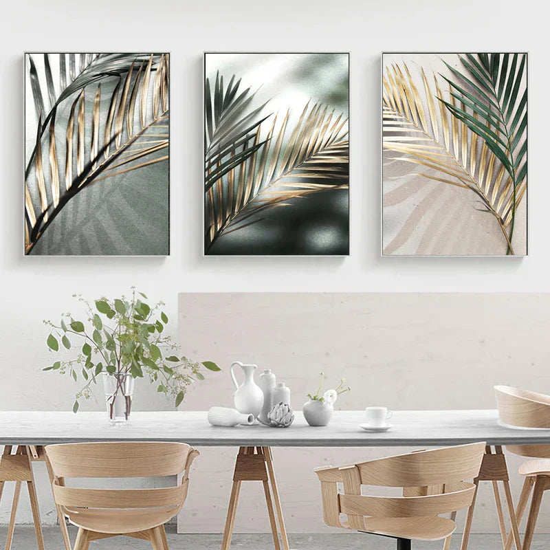 Tropisches Grün Goldene Palmblätter Wandkunst Fine Art Leinwanddrucke Moderne Botanik Poster Bilder Für Wohnzimmer Esszimmer Dekor