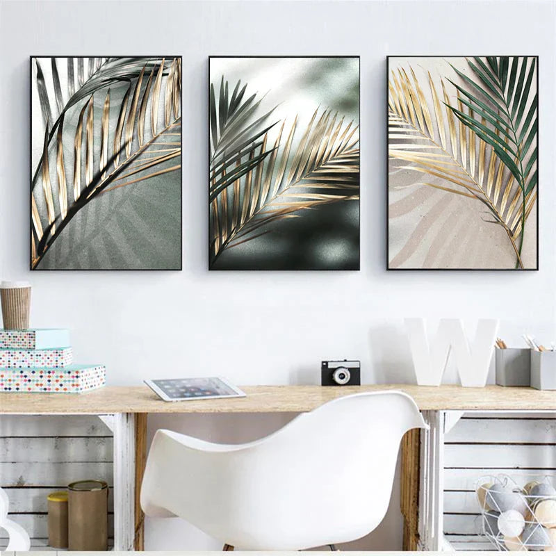 Tropisches Grün Goldene Palmblätter Wandkunst Fine Art Leinwanddrucke Moderne Botanik Poster Bilder Für Wohnzimmer Esszimmer Dekor