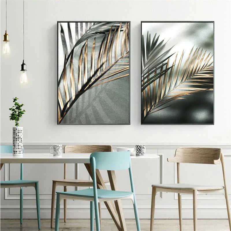 Tropisches Grün Goldene Palmblätter Wandkunst Fine Art Leinwanddrucke Moderne Botanik Poster Bilder Für Wohnzimmer Esszimmer Dekor