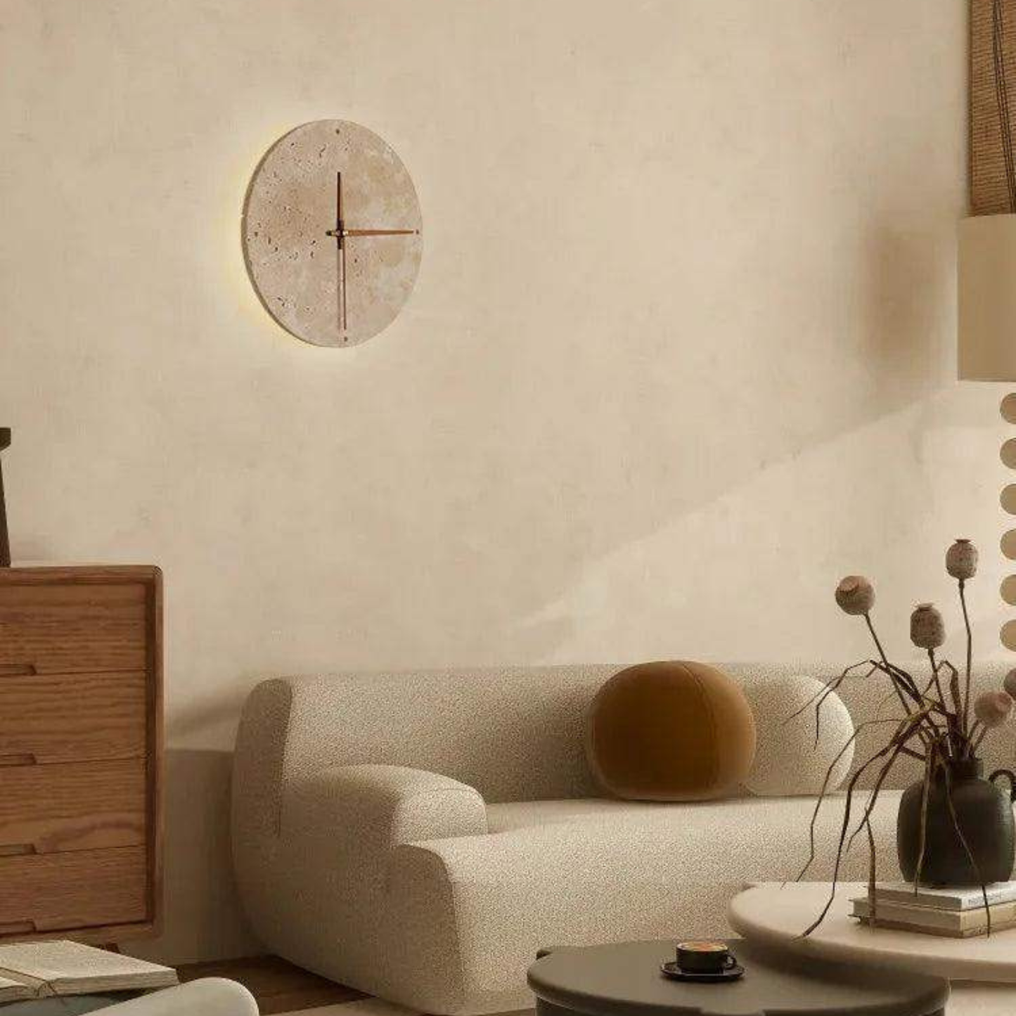 Travertin-Wanduhr mit LED-Beleuchtung – Minimalistisch & Dekorativ | Hochwertige Natursteinuhr