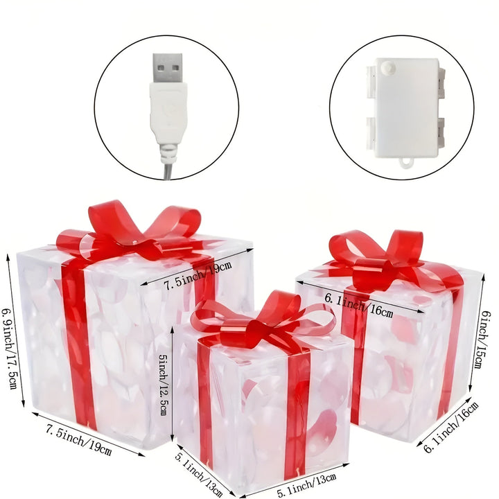Helle Geschenkboxen im Set von 3 – Transparente Weihnachtsdekoration mit roten Bändern | Für drinnen & draußen | Karnz