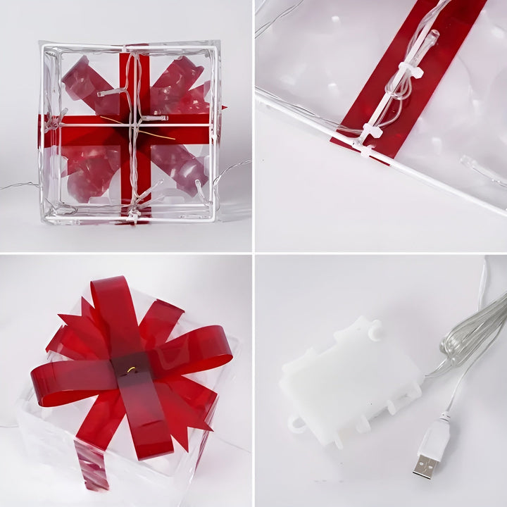 Helle Geschenkboxen im Set von 3 – Transparente Weihnachtsdekoration mit roten Bändern | Für drinnen & draußen | Karnz