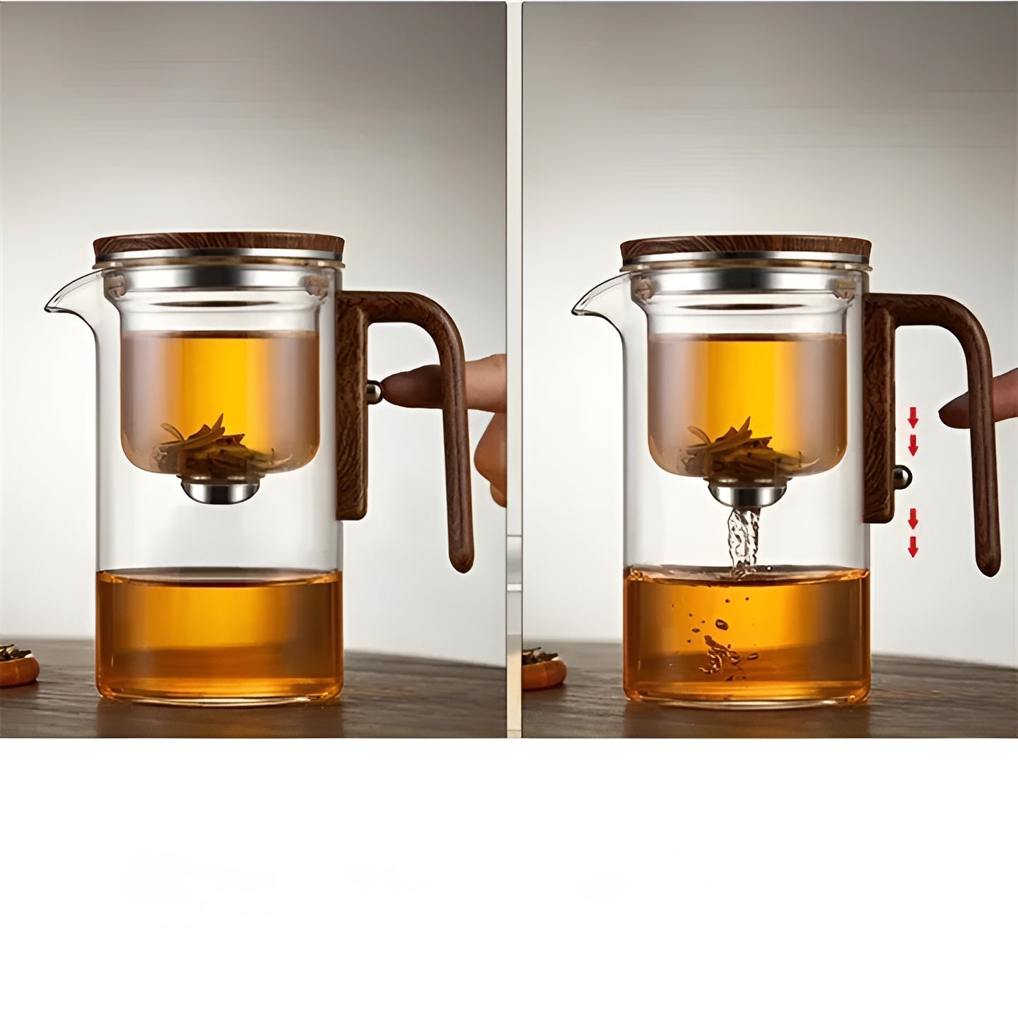 Glas-Teekanne mit Holzgriff – Ein-Klick-Filter | Perfekt für losen Tee & Puer | Karnz