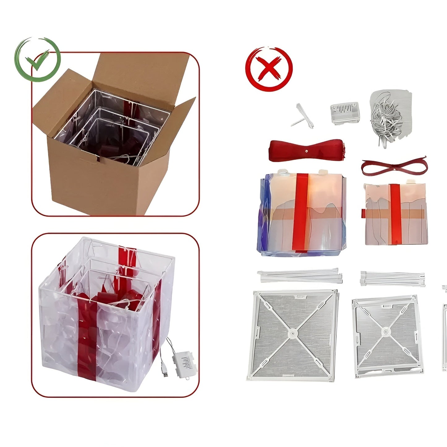 Leuchtende Geschenkboxen im 3er-Set – Transparente Weihnachtsdekoration mit roten Bändern | Für drinnen und draußen