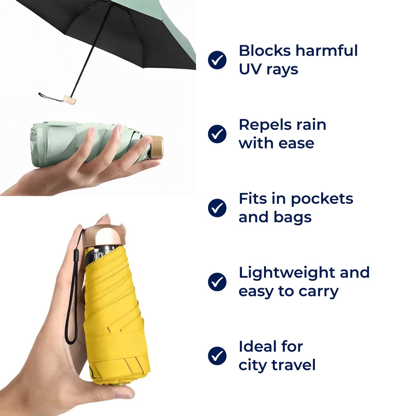UrbanBrolly | Mini faltbarer Regenschirm UV – Sonnenschutz UPF 50+ – Wasserabweisend – Leicht und taschenfreundlich für die Reise Nutzung Karnz